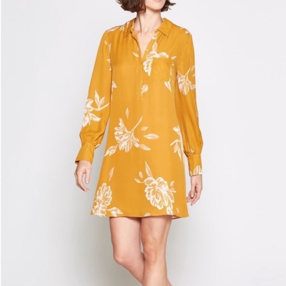 Joie Amaranda Mustard Silk Shirt Dress Size Small Completely lining Long sleeves